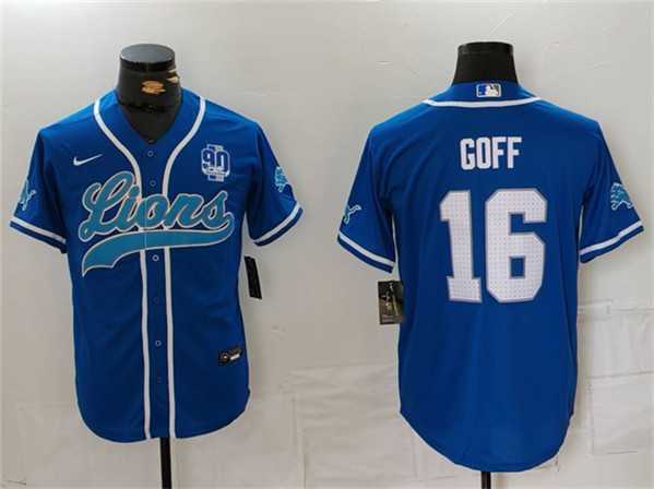 Mens Detroit Lions #16 Jared Goff Blue With 90th Anniversary Patch Cool Base Stitched Baseball Jersey